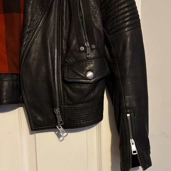 Burberry Brit Black Leather Jacket with Red and Brown Plaid Lining - Picture 3 of 6